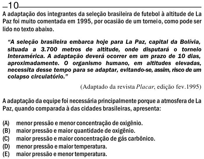 Enunciado da questão 10 de Física do ENEM 2000
