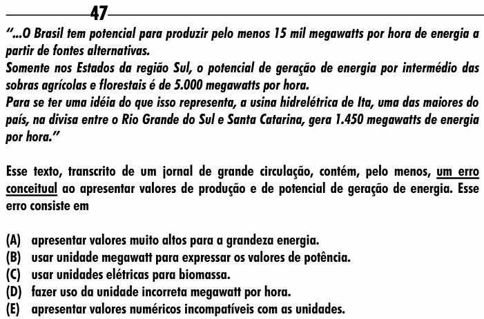 Enunciado da questão 47 de Física do ENEM 2001