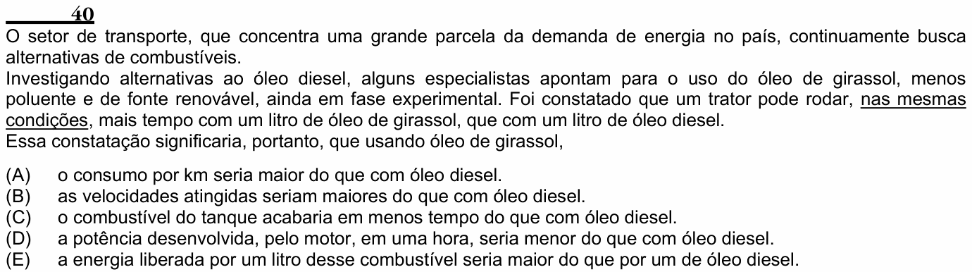 Enunciado da questão 40 de Física do ENEM 2003