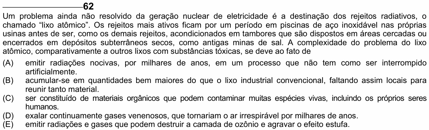 Enunciado da questão 62 de Física do ENEM 2005