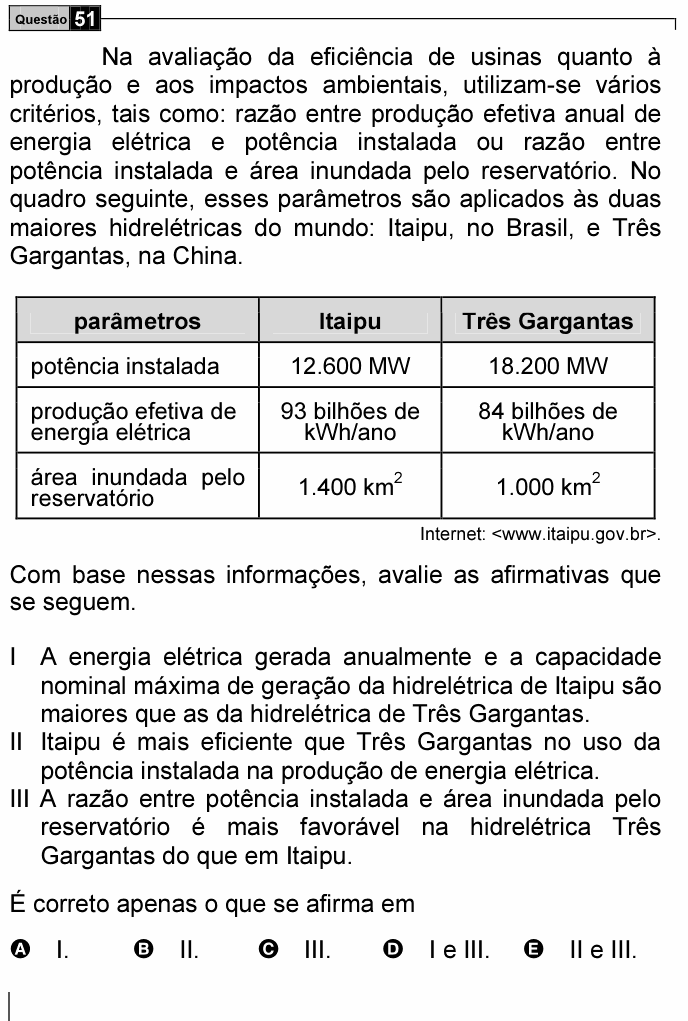 Enunciado da questão 51 de Física do ENEM 2006
