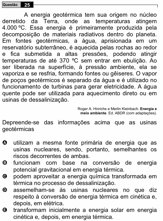 Enunciado da questão 25 de Física do ENEM 2008
