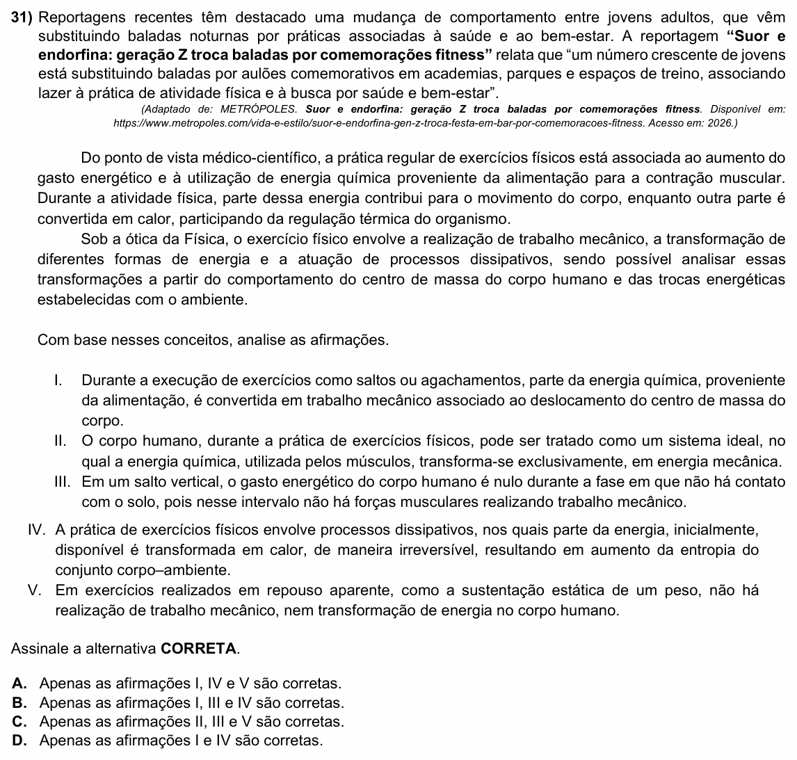 Enunciado da questão 31 de Física do ACAFE 2026 (Inverno)