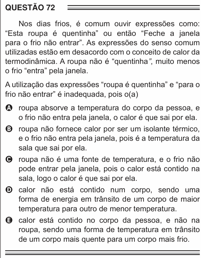 Enunciado da questão 72 de Física do ENEM 2016 (2ª aplicação)