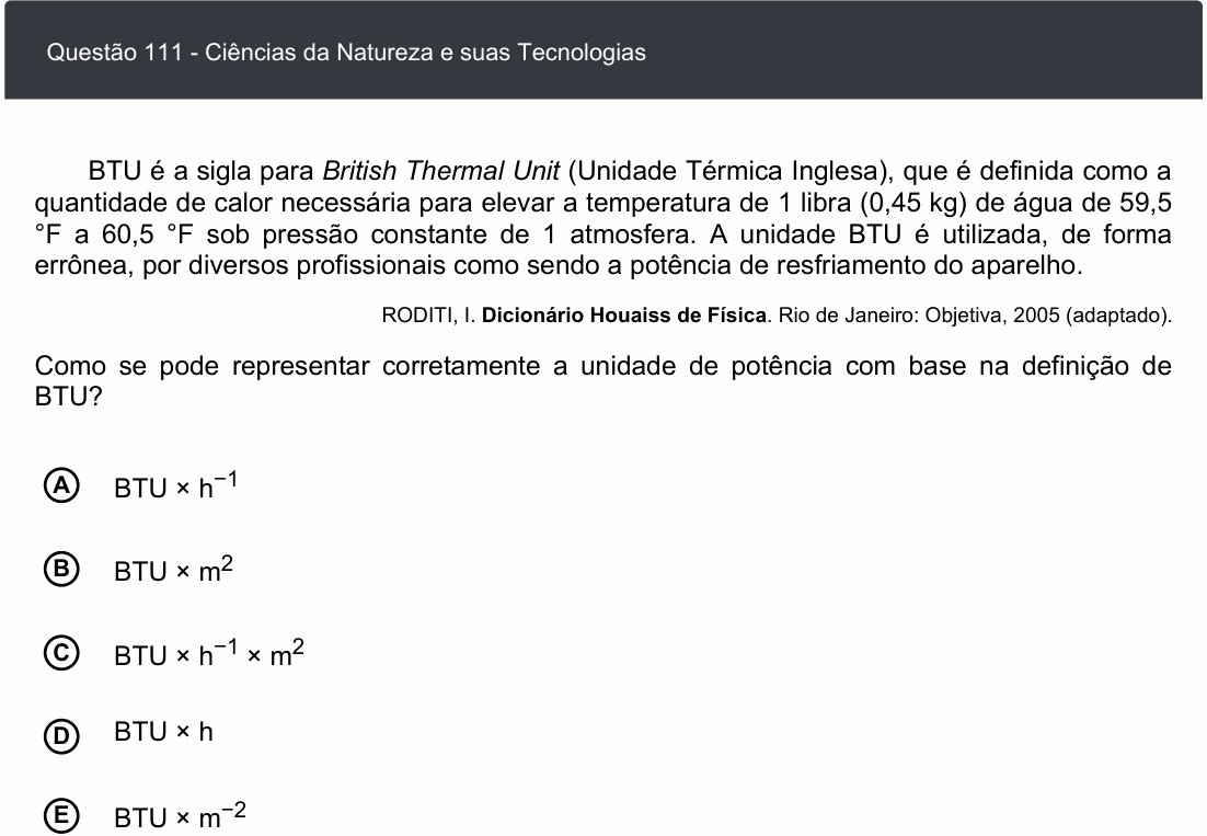 Enunciado da questão 111 de Física do ENEM 2020 Digital
