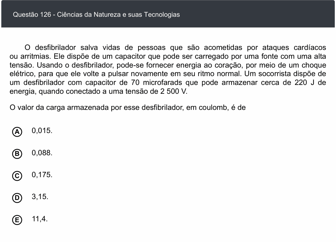 Enunciado da questão 126 de Física do ENEM 2020 Digital