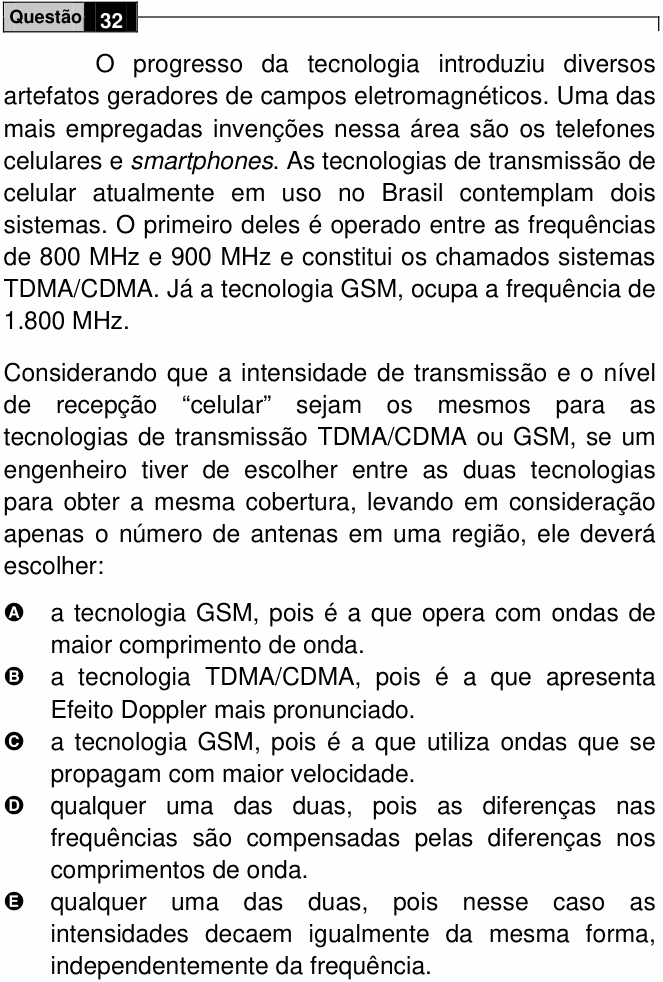 Enunciado da questão 32 de Física do ENEM 2009