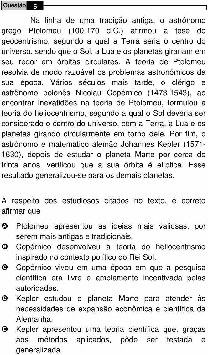 Enunciado da questão 5 de Física do ENEM 2009