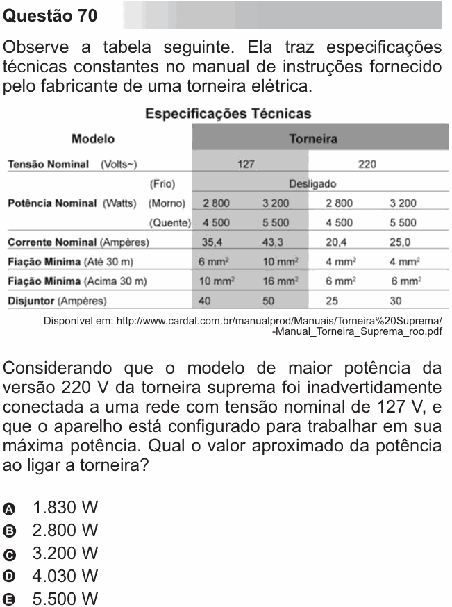 Enunciado da questão 70 de Física do ENEM 2010