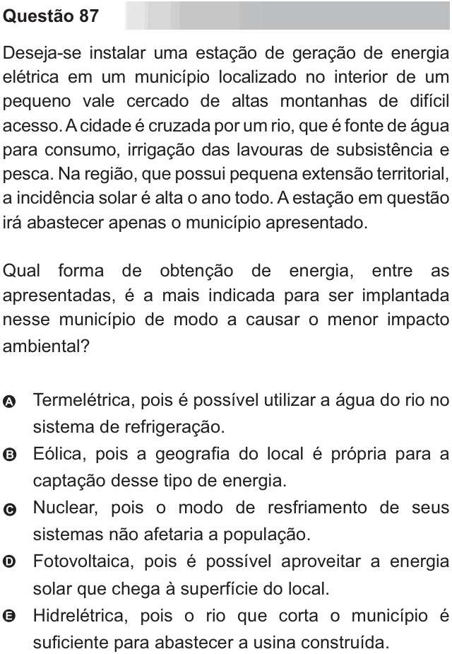 Enunciado da questão 87 de Física do ENEM 2010