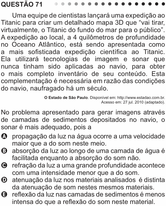 Enunciado da questão 71 de Física do ENEM 2011