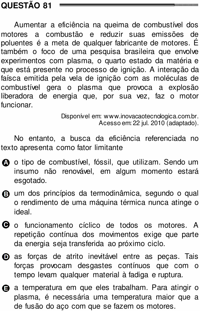 Enunciado da questão 81 de Física do ENEM 2012