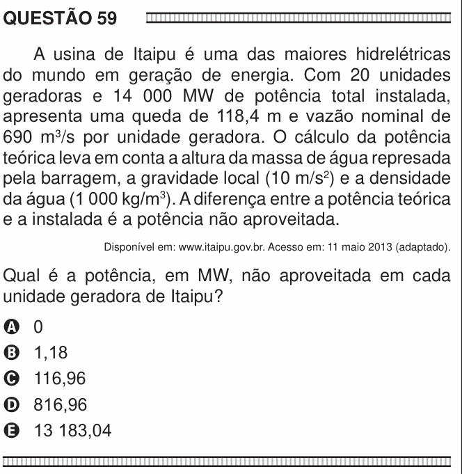 Enunciado da questão 59 de Física do ENEM 2016