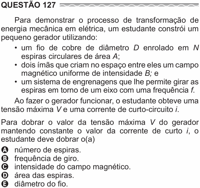 Enunciado da questão 127 de Física do ENEM 2017