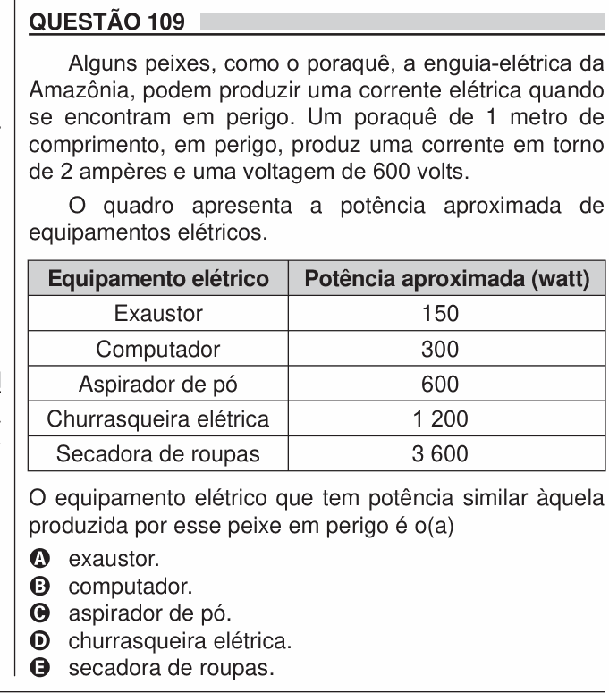 Enunciado da questão 109 de Física do ENEM 2018