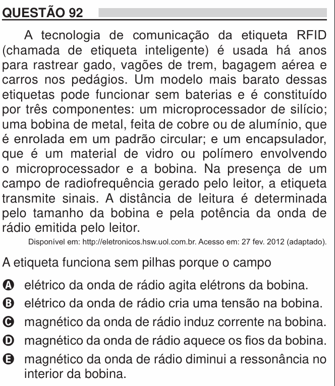 Enunciado da questão 92 de Física do ENEM 2018