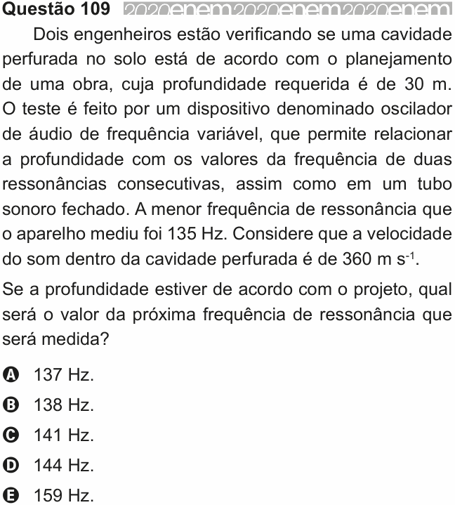 Enunciado da questão 109 de Física do ENEM 2020