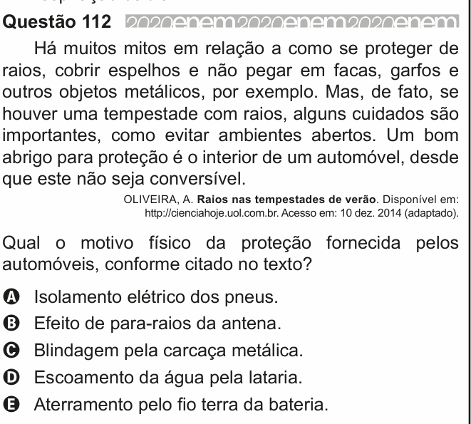 Enunciado da questão 112 de Física do ENEM 2020