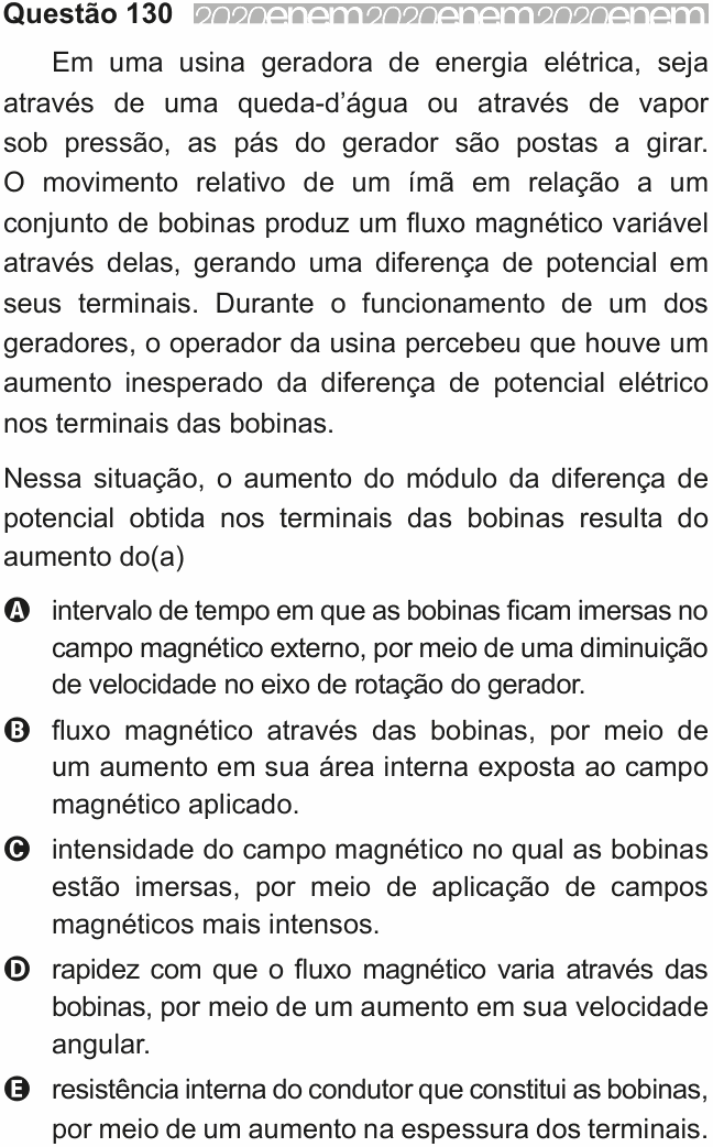 Enunciado da questão 130 de Física do ENEM 2020