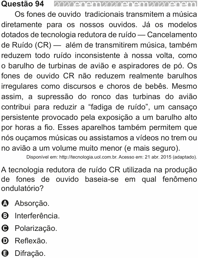 Enunciado da questão 94 de Física do ENEM 2020