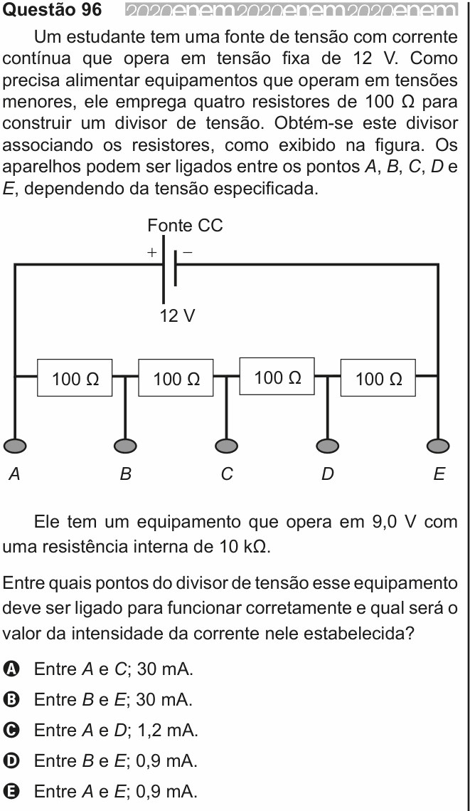 Enunciado da questão 96 de Física do ENEM 2020