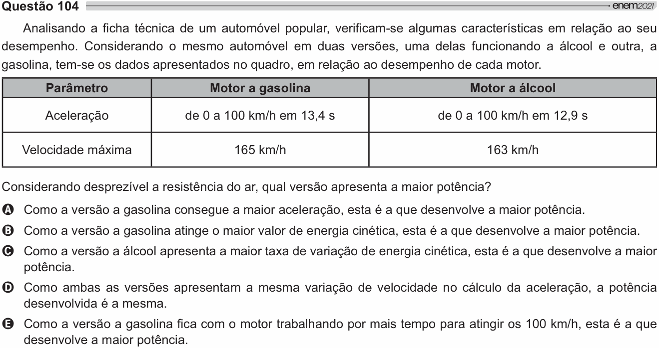 Enunciado da questão 104 de Física do ENEM 2021