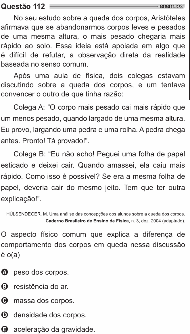 Enunciado da questão 112 de Física do ENEM 2021