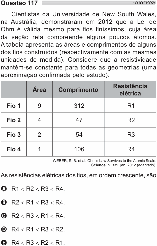 Enunciado da questão 117 de Física do ENEM 2021