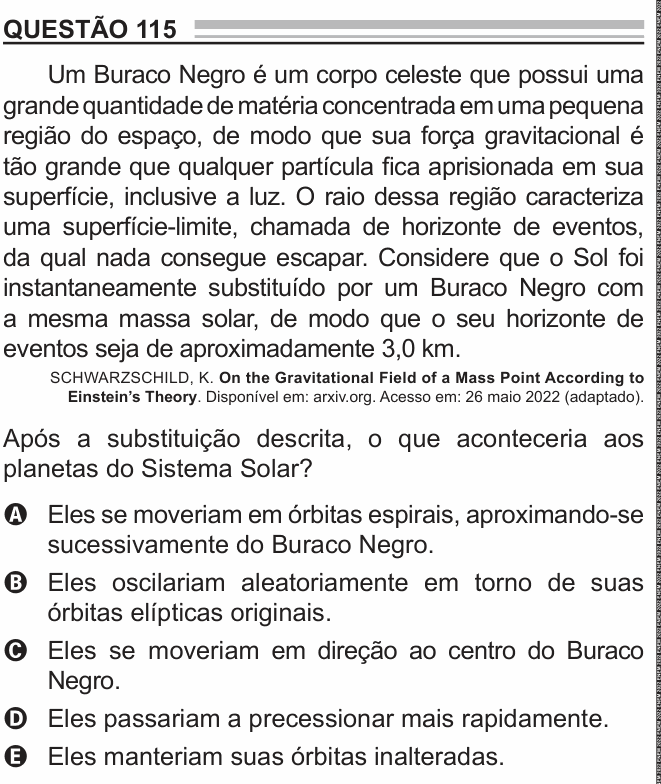 Enunciado da questão 115 de Física do ENEM 2022