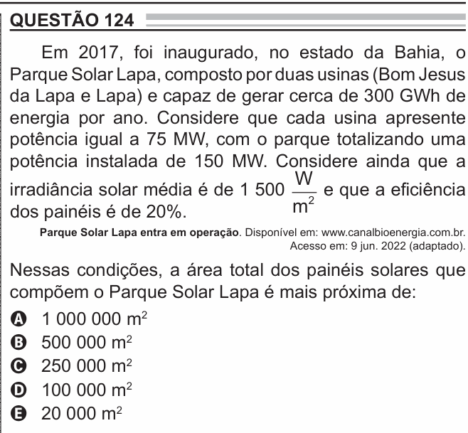 Enunciado da questão 124 de Física do ENEM 2022