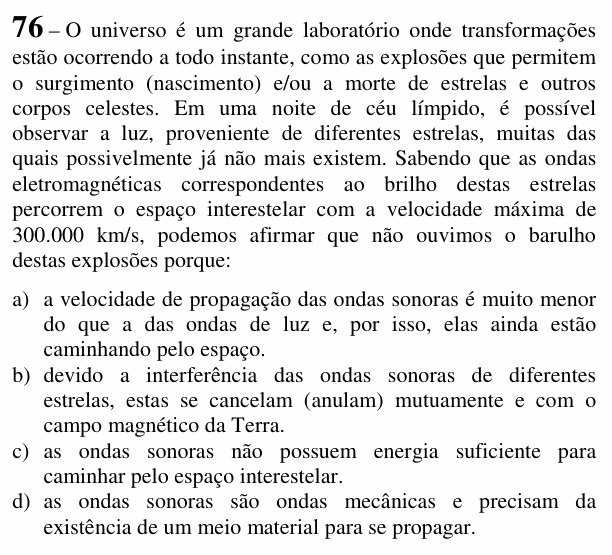Enunciado da questão 76 de Física do EEAR 2018 (CFS 1)