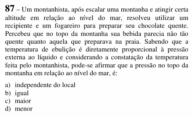 Enunciado da questão 87 de Física do EEAR 2018 (CFS 1)