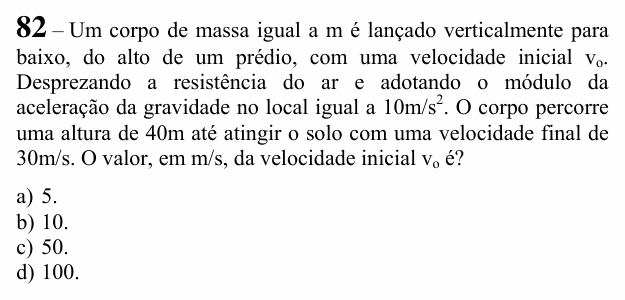 Enunciado da questão 82 de Física do EEAR 2020 (CFS 1)