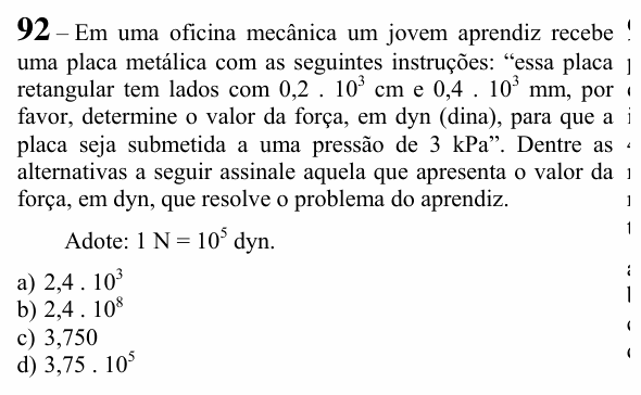 Enunciado da questão 92 de Física do EEAR 2023 (CFS 1)