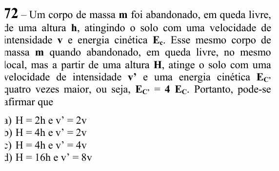 Enunciado da questão 72 de Física do EEAR 2025 (CFS 1)