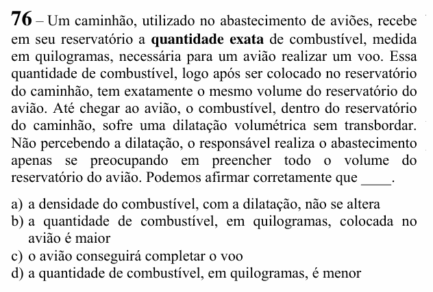 Enunciado da questão 76 de Física do EEAR 2020 (CFS 2)