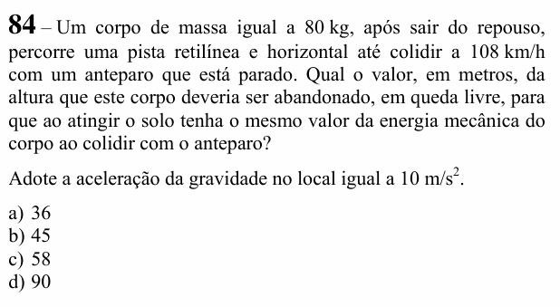 Enunciado da questão 84 de Física do EEAR 2020 (CFS 2)