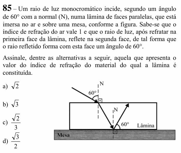 Enunciado da questão 85 de Física do EEAR 2020 (CFS 2)