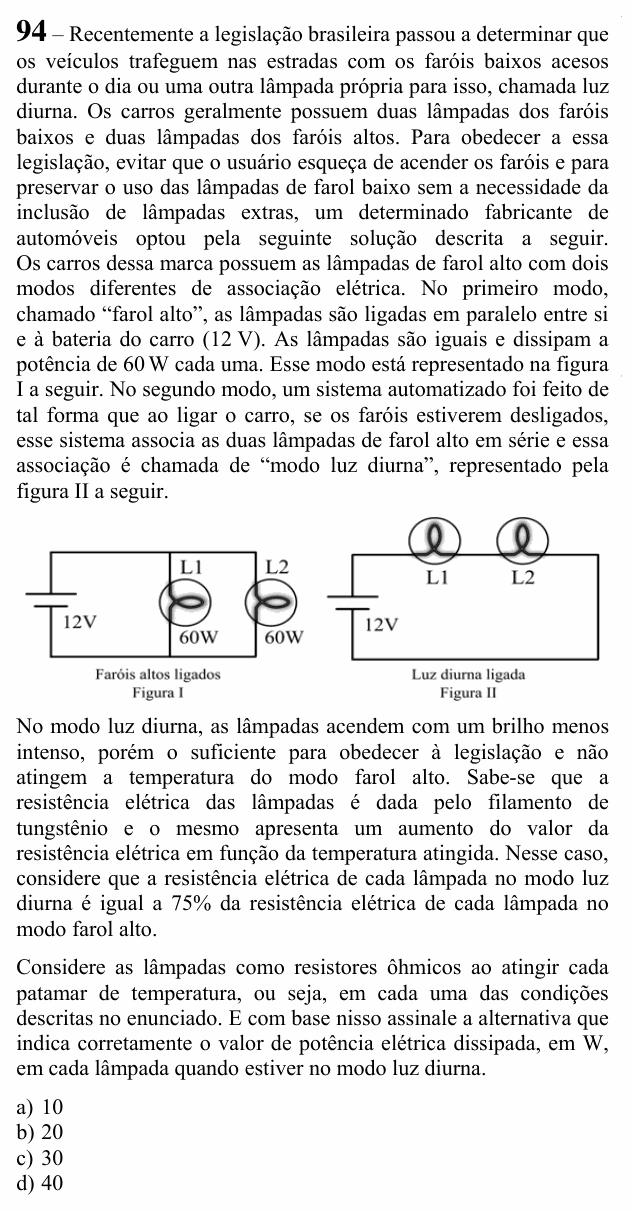 Enunciado da questão 94 de Física do EEAR 2020 (CFS 2)