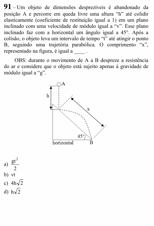 Enunciado da questão 91 de Física do EEAR 2022 (CFS 2)