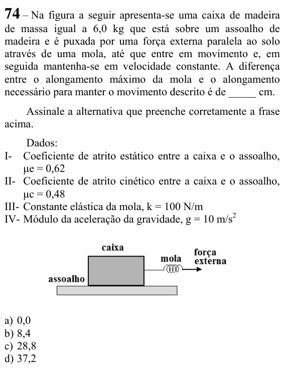 Enunciado da questão 74 de Física do EEAR 2023 (CFS 2)