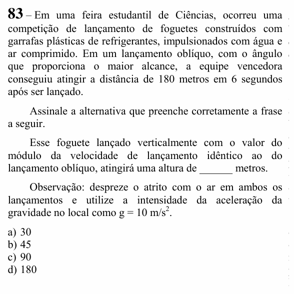 Enunciado da questão 83 de Física do EEAR 2023 (CFS 2)