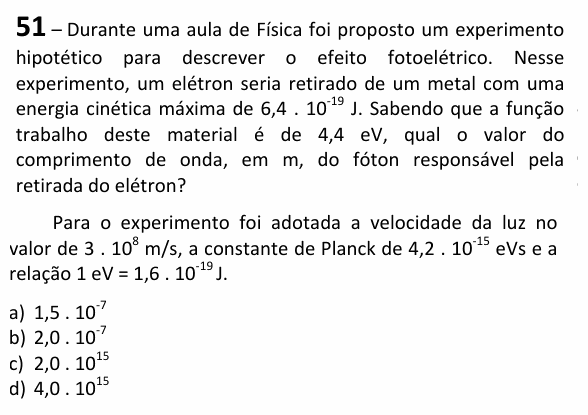 Enunciado da questão 51 de Física do EEAR 2025 (CFS 2)