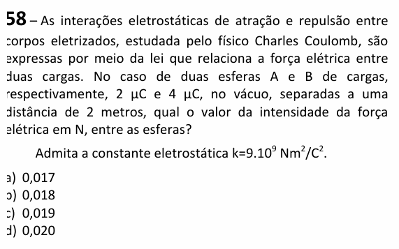 Enunciado da questão 58 de Física do EEAR 2025 (CFS 2)