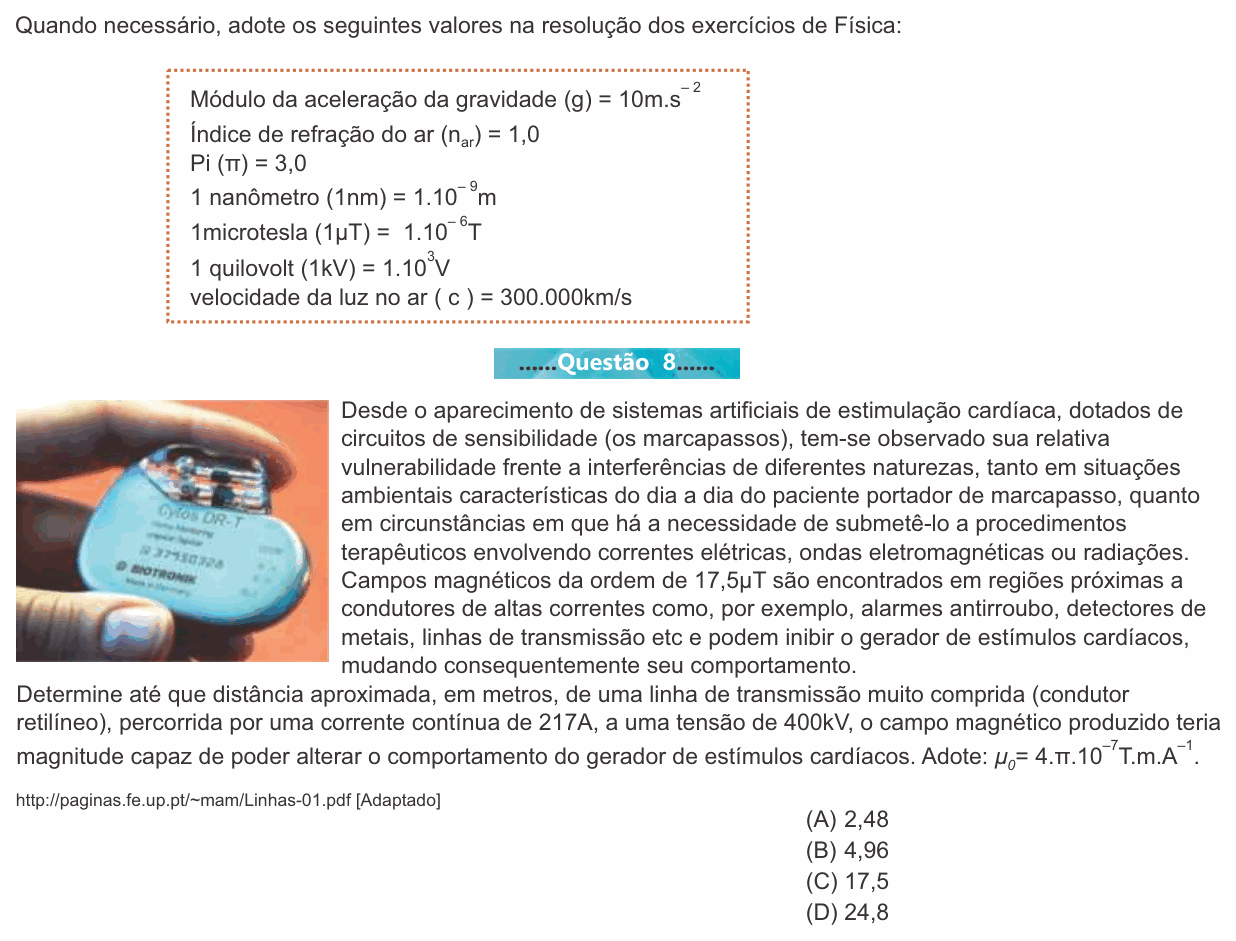 Enunciado da questão 8 de Física do Einstein 2016 (Inverno)