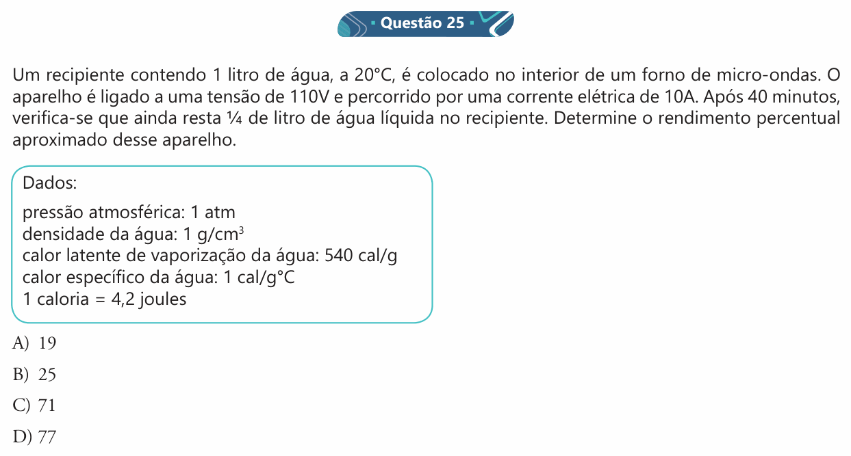 Enunciado da questão 25 de Física do Einstein 2018
