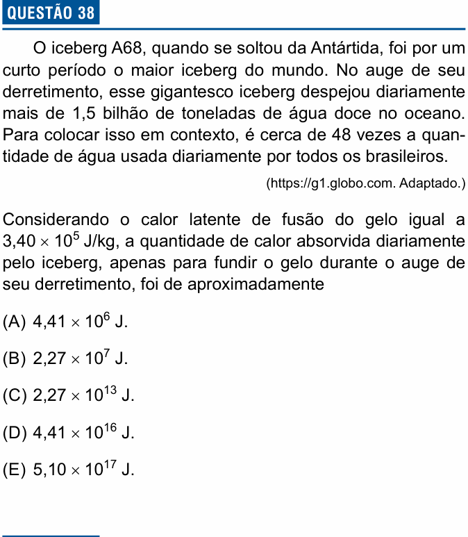 Enunciado da questão 38 de Física do Einstein 2023 (Enfermagem, 2º semestre)