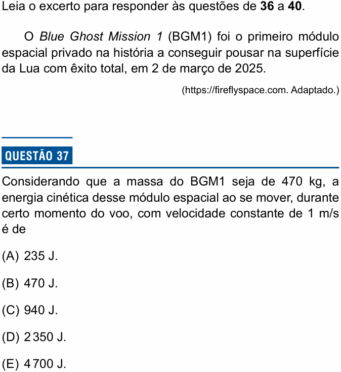 Enunciado da questão 37 de Física do Einstein 2025 (Enfermagem, 2º semestre)