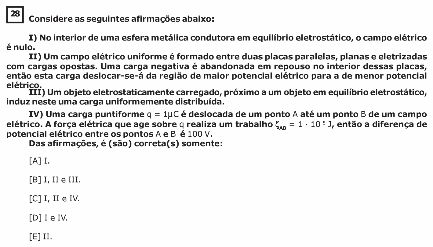 Enunciado da questão 28 de Física do EsPCEx 2020/2021