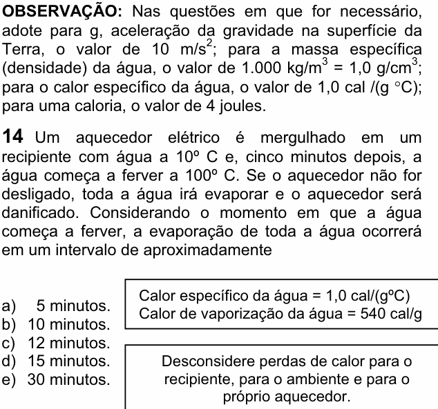 Enunciado da questão 14 de Física do FUVEST 2008